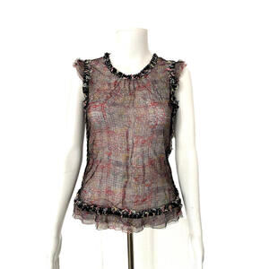 2004 CHANEL 04A Silk Tweed Trim Tank Blouse Top FR-36/38 Vintage Mesh